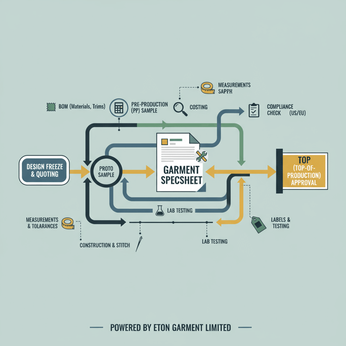 Diagram showing a specsheet mapped to factory processes from quoting to TOP approval