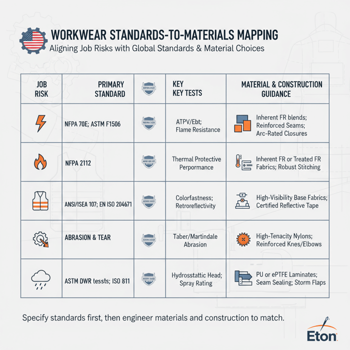 Standards-to-materials mapping chart aligning job risks with NFPA, ANSI/ISEA, ASTM, and EN ISO and material choices