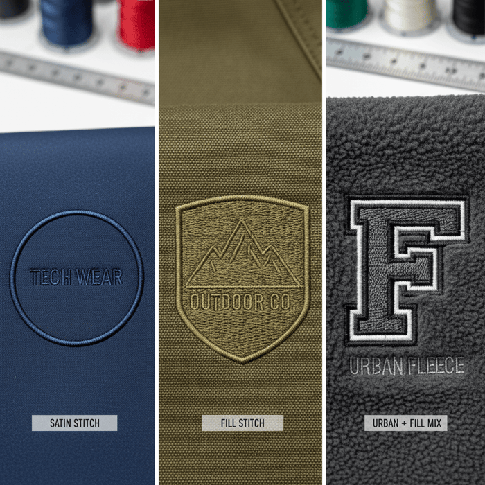 Macro comparison of satin vs. fill stitches across different logo shapes and fabrics