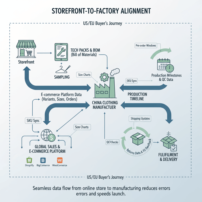 Diagram showing storefront-to-factory data flow including catalog, tech packs, BOM, sampling, and production milestones
