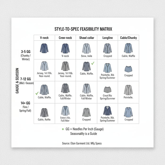 Matrix showing cardigan styles on one axis and gauges/seasons on the other
