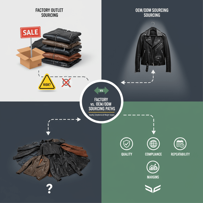 Checklist infographic for vetting a leather jacket factory outlet supplier: identity, tannery docs, MRSL compliance, test reports, sampling, logistics