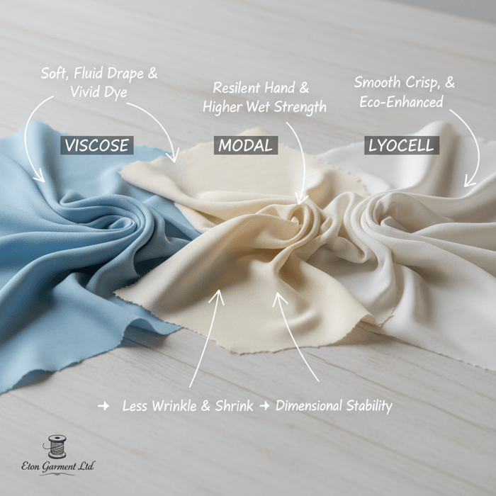 Close-up swatches of viscose, modal, and lyocell with annotations on drape and sheen