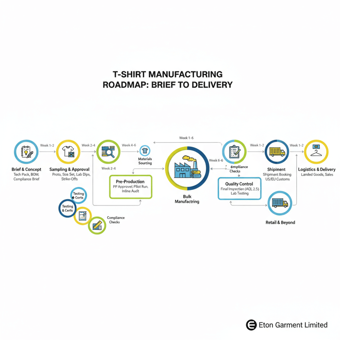 Roadmap infographic showing milestones from brief and sampling through PP, pilot, bulk, inspection, and delivery