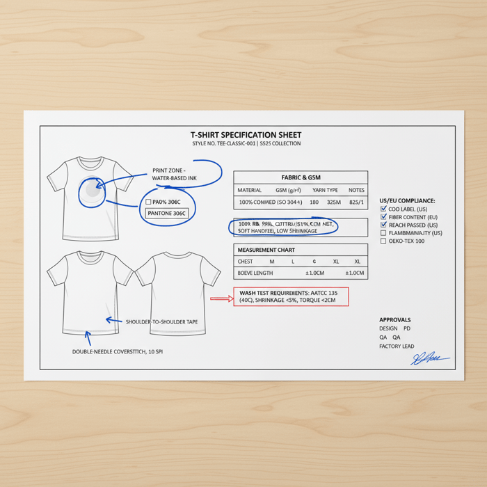 Annotated T-shirt spec sheet highlighting GSM, seam types, SPI, rib details, and print zones