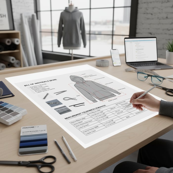 Sample hoodie tech pack page showing BOM and measurement chart