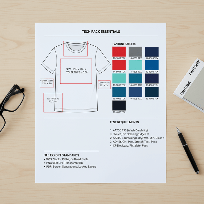 Tech pack excerpt showing placements, size tolerances, Pantone swatches, and test requirements