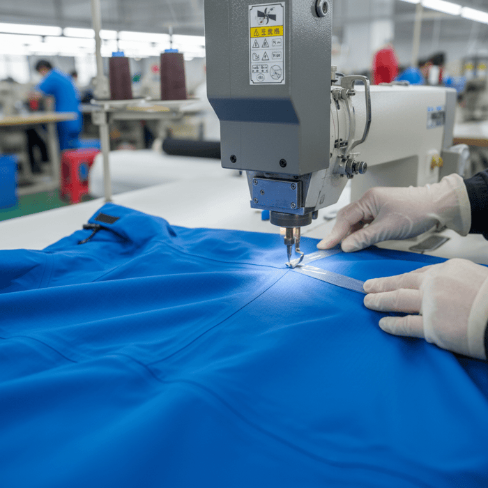 Close-up of seam sealing and bonding on a waterproof jacket in a China garment factory