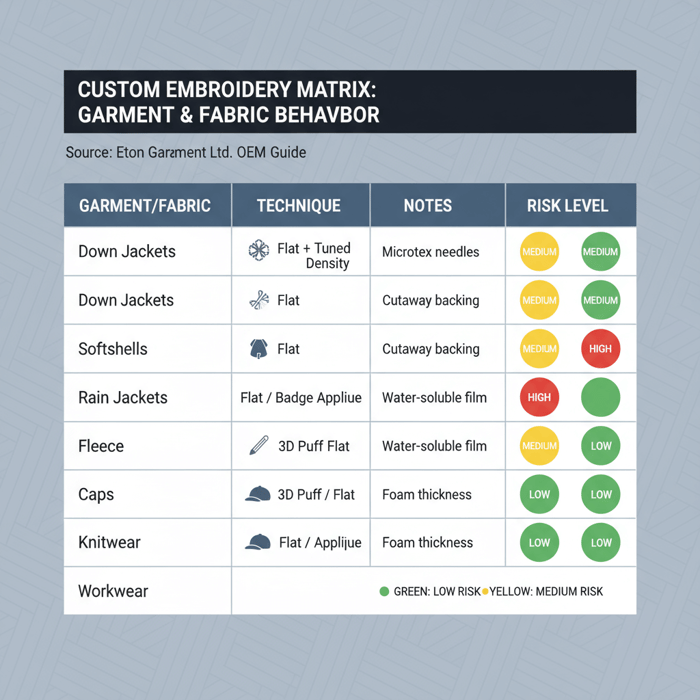 Matrix infographic mapping garments to embroidery techniques with color-coded risk levels