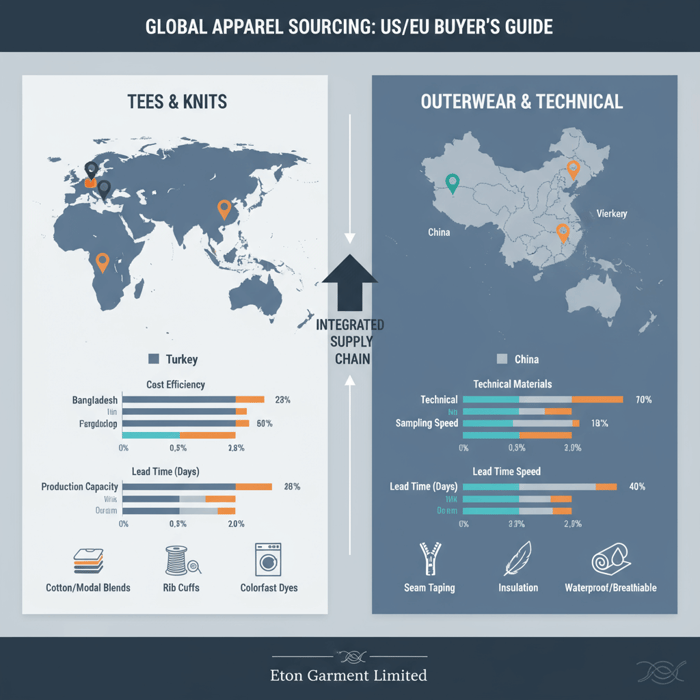 Comparative sourcing regions for tees and outerwear