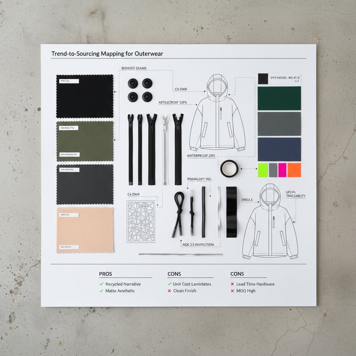 Trend board: materials, trims, and color swatches matched to factory availability