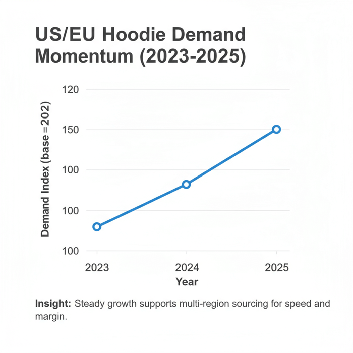 Line chart illustrating steady US/EU hoodie demand from 2023 to 2025