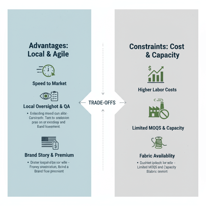 Infographic highlighting pros like local oversight and speed against constraints like higher labor costs and limited fabric availability in US dress manufacturing