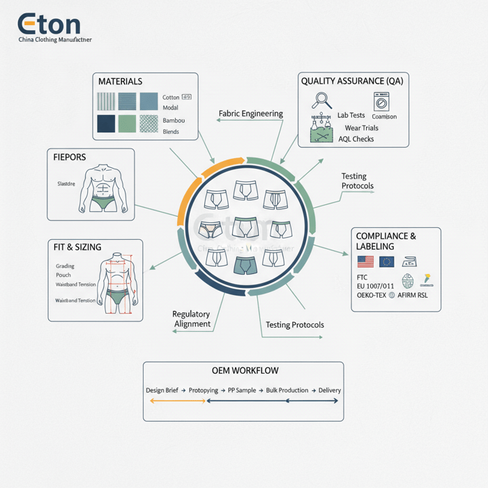 Diagram of men’s undergarment types connected to materials, fit, QA, compliance, and OEM steps