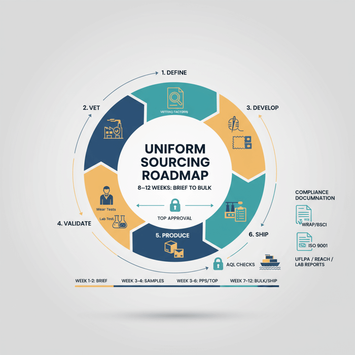 Uniform sourcing roadmap and 8–12 week timeline from brief to bulk approvals