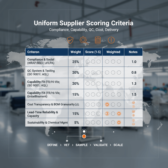 Supplier evaluation checklist visual for uniform manufacturers in China
