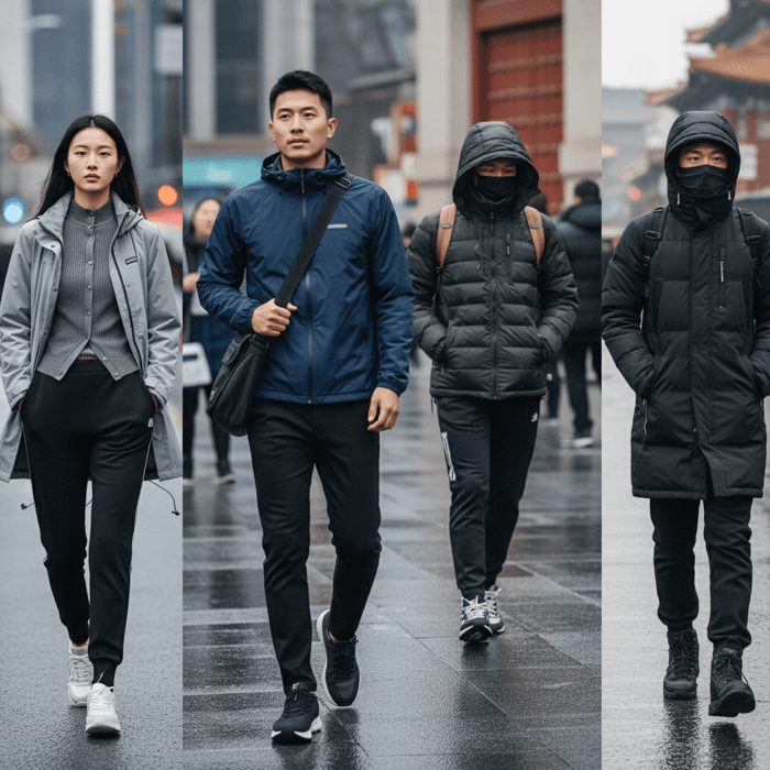 Shanghai and Beijing street style collage with athleisure sets and technical outerwear
