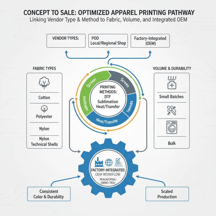 Diagram linking vendor types and printing methods to fabric and volume, routed into a factory-integrated OEM workflow