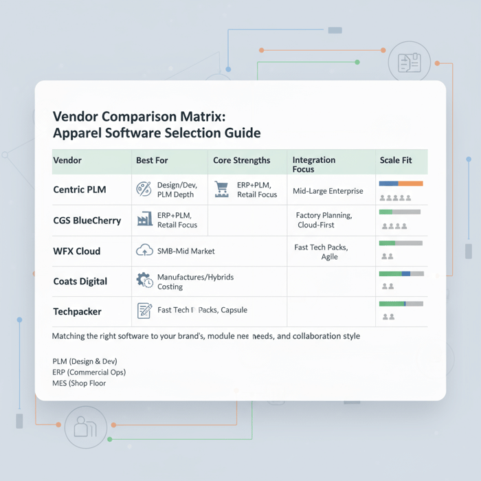 Vendor matrix graphic highlighting fit by scale, modules, and collaboration depth