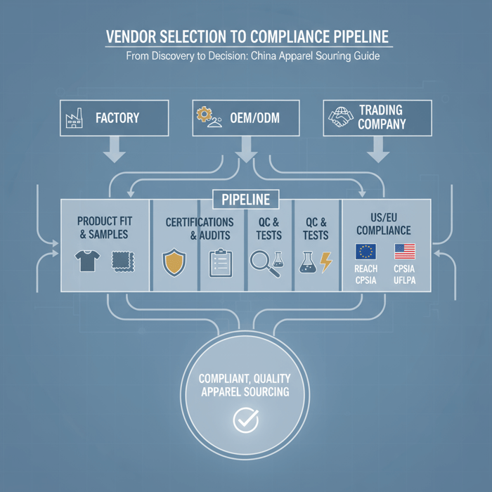 Diagram showing vendor types—factory, OEM/ODM, trading company—flowing into a QC and compliance pipeline
