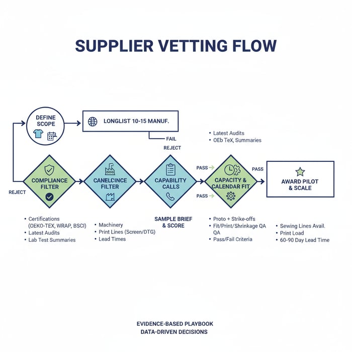 Flowchart showing capability, compliance, sample score, and capacity gates for supplier vetting