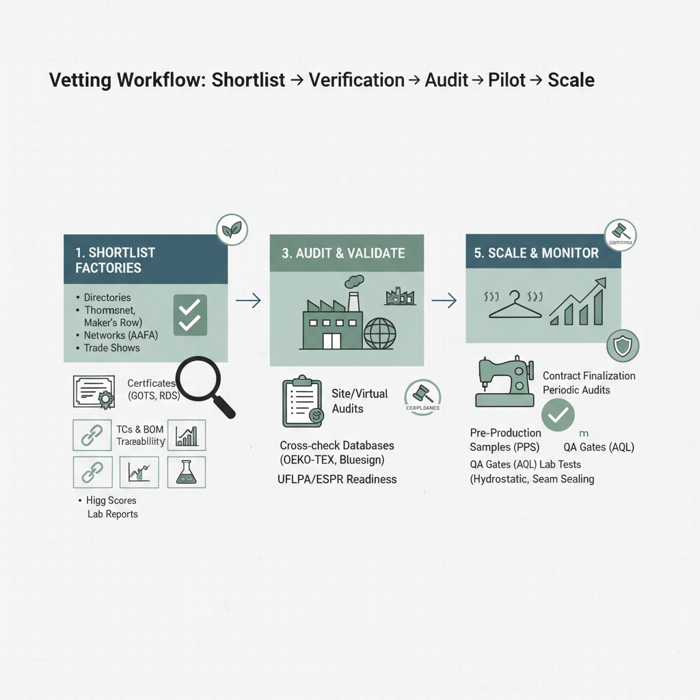 Checklist and flowchart of factory vetting from shortlist to pilot