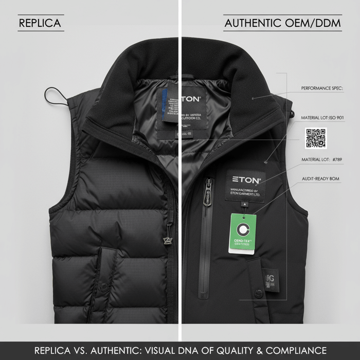 Side-by-side visual cues: replica clothes mimic logos and distinctive trade dress; OEM apparel shows original branding and documented design.