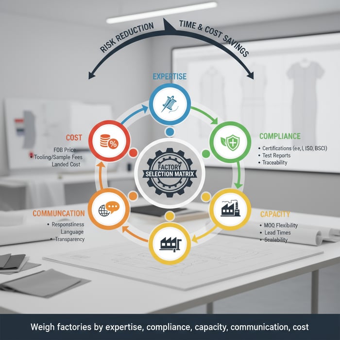 Factory selection matrix weighing expertise, compliance, capacity, communication, cost
