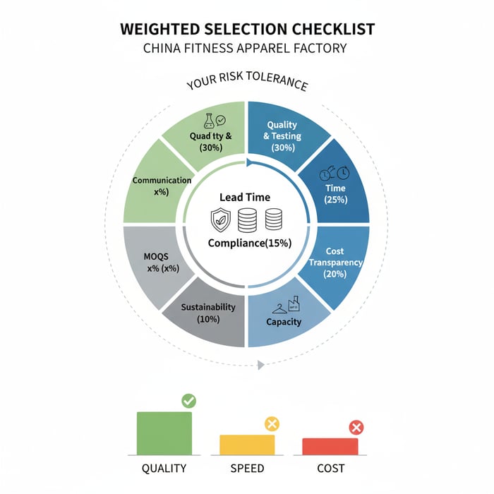 Checklist visual for selecting a China fitness apparel manufacturer with weighted criteria