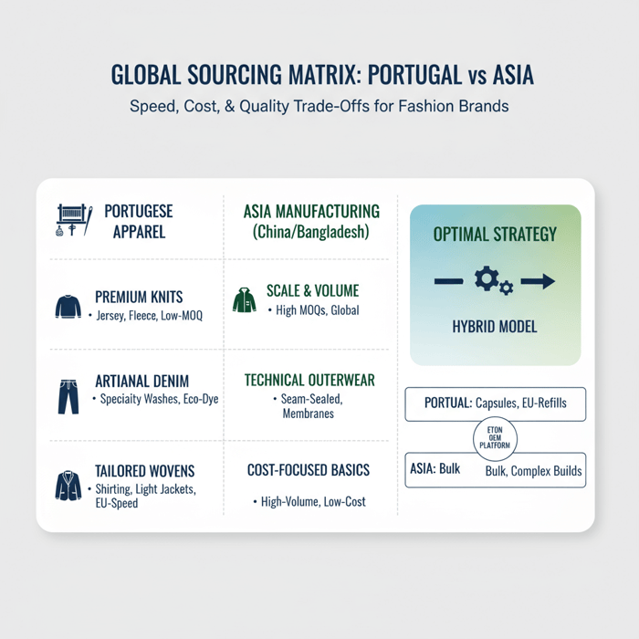Matrix showing categories where Portugal is a strong fit: knits, denim, tailored wovens