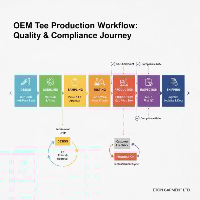 Workflow diagram showing design, sourcing, sampling, testing, production, inspection, and shipping for OEM tees
