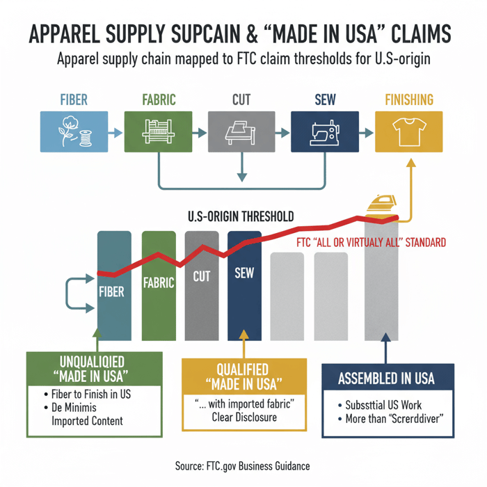 Diagram showing apparel supply chain stages that impact U.S.-origin (Made in USA) claims, including fiber, fabric formation, cut, sew, and finishing.
