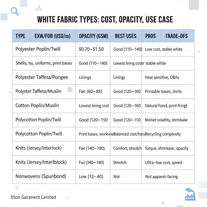 Matrix comparing white fabric choices by cost, opacity, and use case