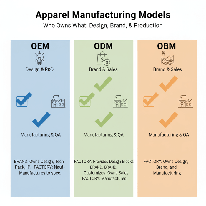 Responsibility split diagram showing OEM, ODM, and OBM—who owns design, brand, and manufacturing