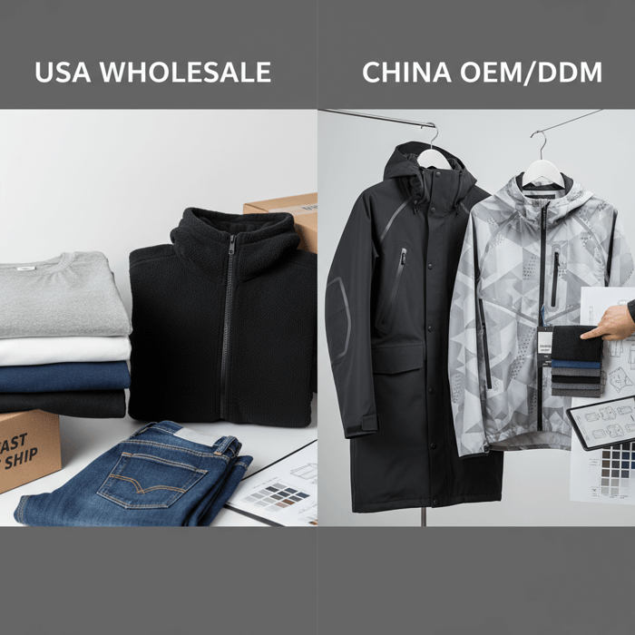 Side-by-side comparison of wholesale basics and OEM technical outerwear