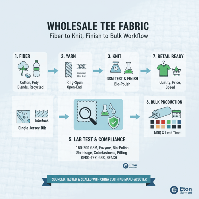 Hero visual: wholesale tee fabric selection mapped from fiber to knit, finish, test, and bulk workflow