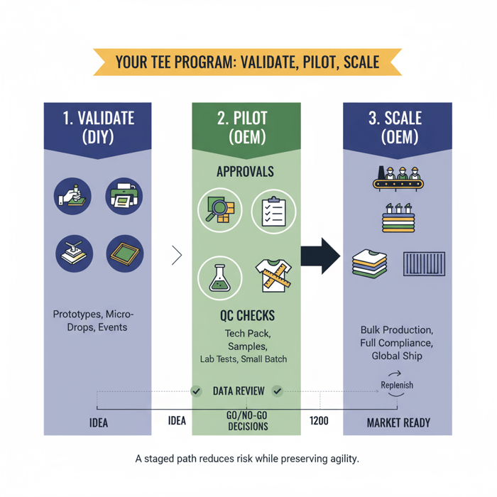 Roadmap graphic showing three stages: validate (DIY), pilot (OEM), scale (OEM) with approvals and QC checkpoints