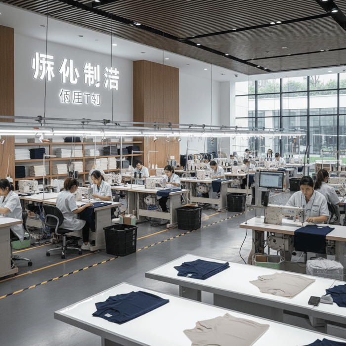Inspirational image of a modern Chinese clothing factory producing premium t-shirts