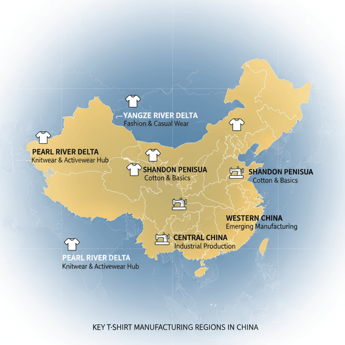 Map of key t-shirt manufacturing regions in China