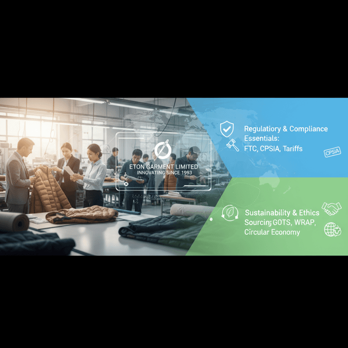 Key considerations for US apparel sourcing including regulations and sustainability icons