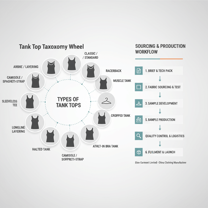 Grid of tank top silhouettes with labels for racerback, muscle, camisole, halter, sleeveless tee, cropped
