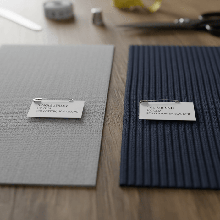 Macro photo of jersey and rib knit swatches with GSM labels and fiber blend notes