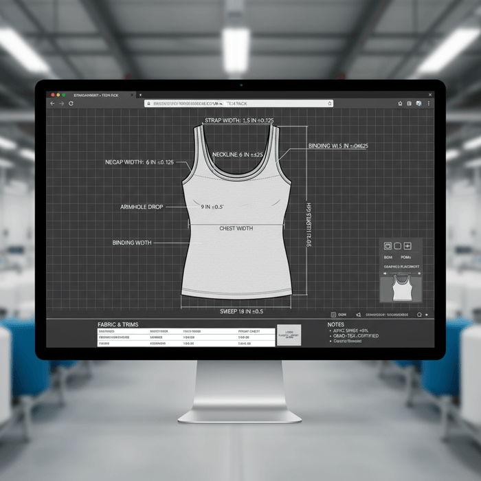 Annotated tech sketch of a tank top with labeled strap width, neckline depth, armhole drop, and binding width