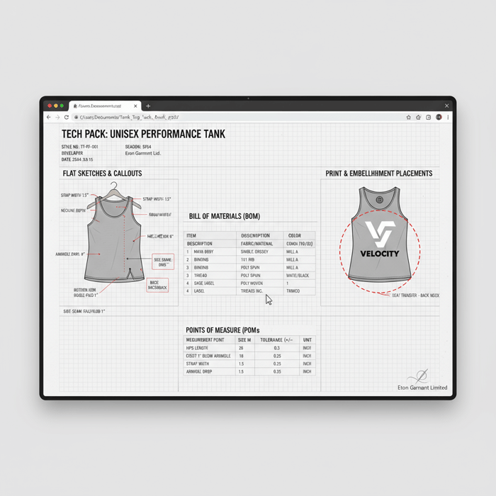 Screenshot-style mockup of a tank top tech pack showing BOM, POMs, and graphics placement