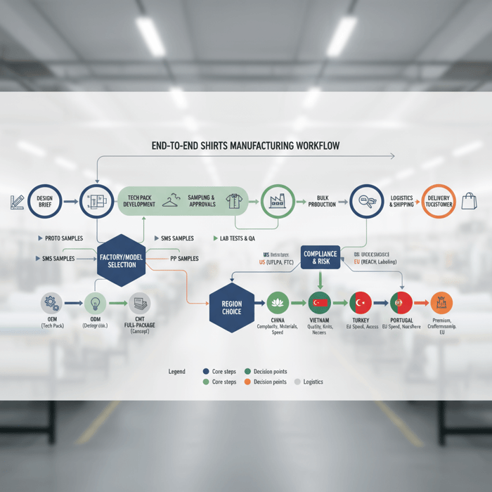 Hero diagram showing the end-to-end shirts manufacturing workflow from design brief to delivery, highlighting decision points by region and factory model