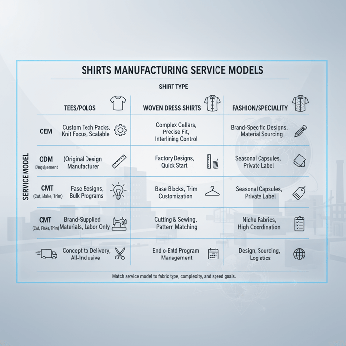 Matrix diagram aligning OEM, ODM, CMT, and Full-package models with tees, polos, and woven dress shirts
