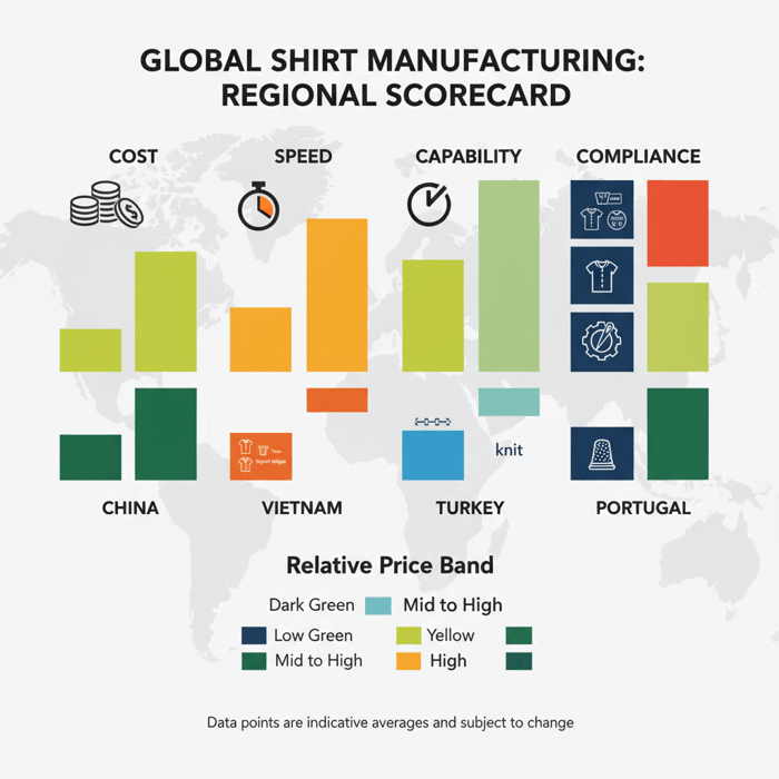 Regional matrix comparing China, Bangladesh, Vietnam, Turkey, and Portugal on cost, speed, capability, and compliance environment for shirts