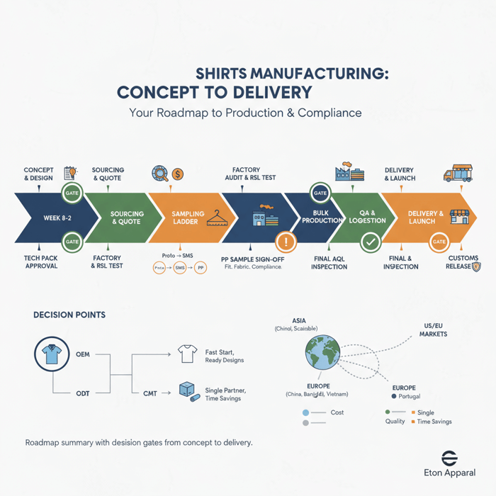 Roadmap diagram showing decision points from concept to delivery with gates for sampling, approvals, and logistics