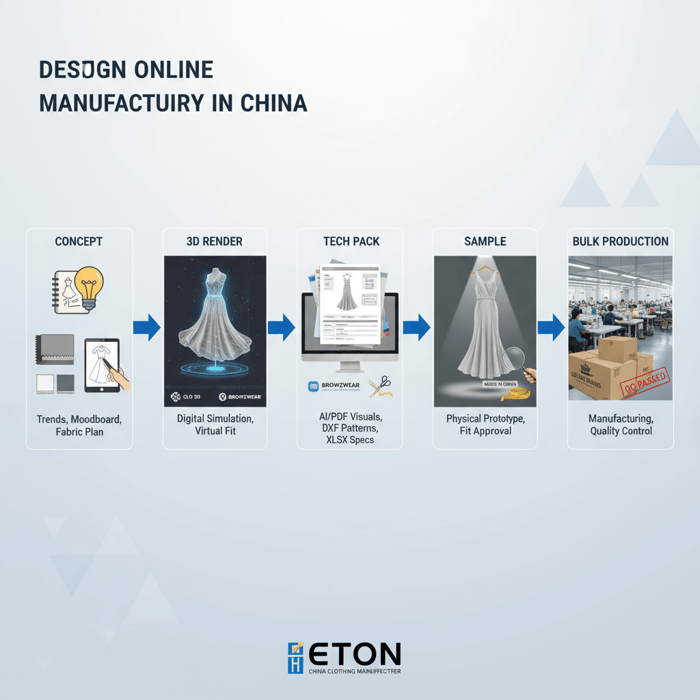 Workflow diagram from concept, to 3D render, to tech pack, to sample, to bulk production with a China Clothing Manufacturer