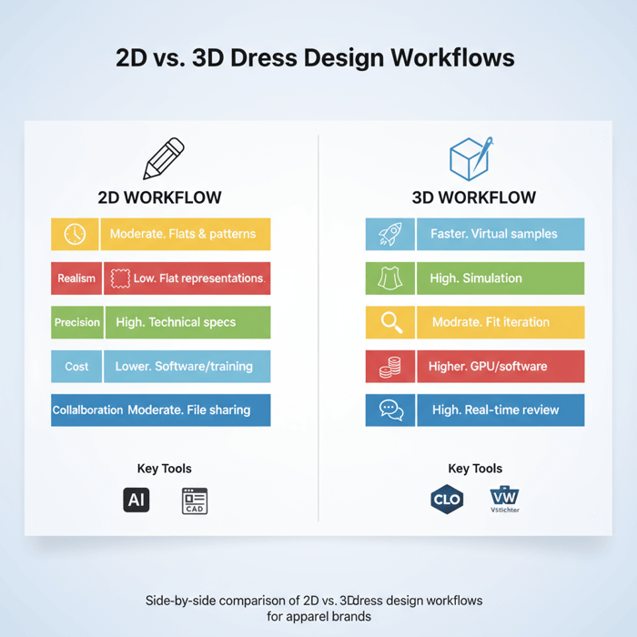 Matrix graphic comparing 2D and 3D dress design workflows and criteria